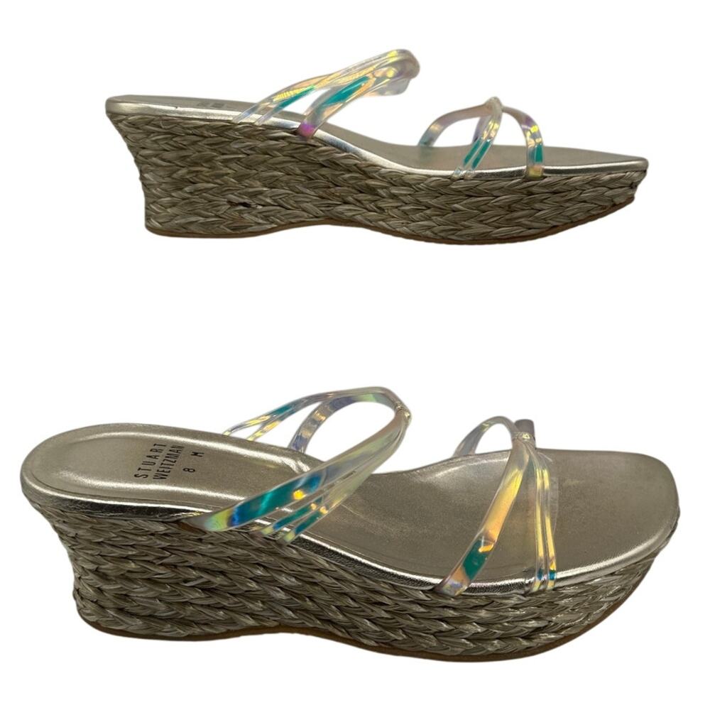 Stuart Weitzman Iridescent Clear Strap Espadrille Jute Wedge Sandals Slides 8 M